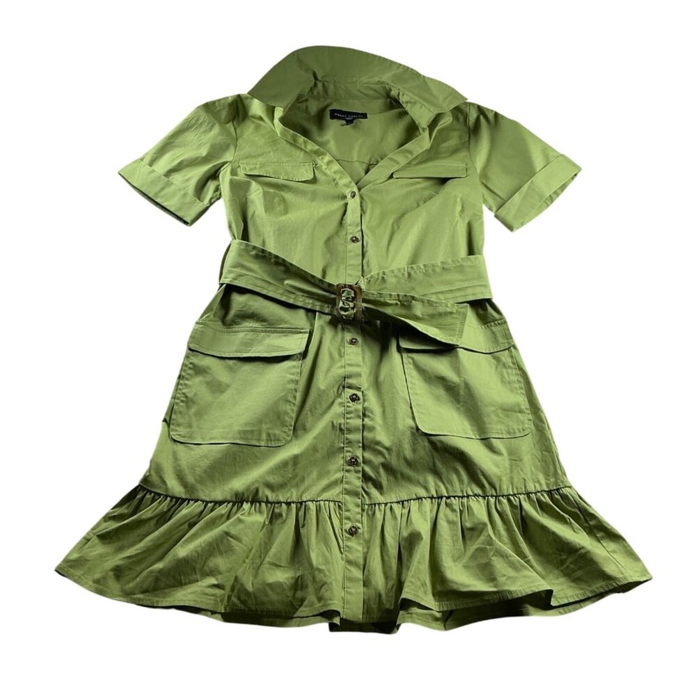 Donna Morgan | Women's Olive Green Belted Shirt Dress | Cargo Pockets | Ruffle H